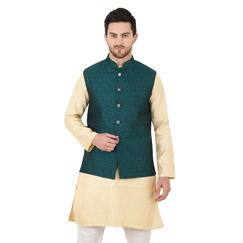 Male model in golden brocade kurta with dark green printed Nehru jacket and white pyjama - ethnic wear ecommerce photography by Lohar Studio Delhi